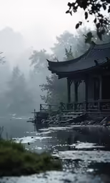 a group of benches along side a river in the rain