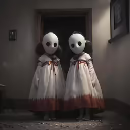 two children dressed as scary little dead dolls