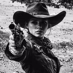 a young girl dressed as a western style character pointing her pistol at the camera