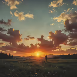 a person standing in the grass on the edge of a field watching the sun go down
