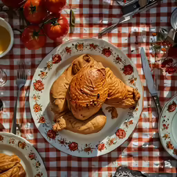 a plate with food is on top of a checkered tablecloth