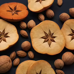 three pieces of an apple and five almonds on a black surface