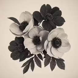 a black and white photo of flowers with green leaves