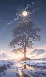 a tree near a body of water in the snow