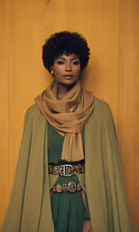 a woman wearing a coat and a cape