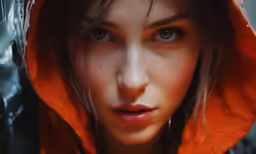 a woman with a hood over her head and red jacket