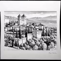 a drawing of an old town near mountains