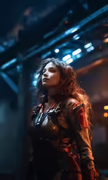 a female with long hair and red stockings is staring away