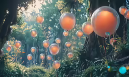 some orange balloons on the ground with trees