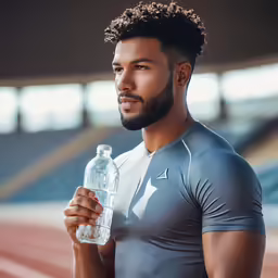 a close up of a person wearing a shirt with a bottle of water