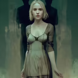 a girl standing near some statues and a clock