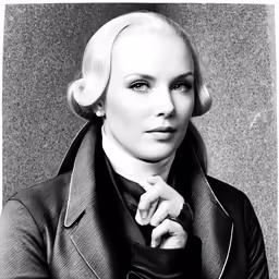 black and white photograph of a woman wearing a suit