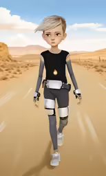 an animated character walking down a desert road