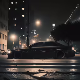a black car parked at night in a city