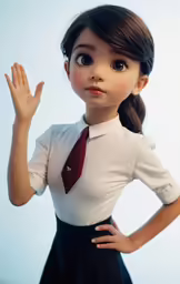 a cartoon girl in a white shirt and tie is holding her hand out