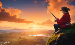 a person is sitting on a cliff and fishing,a person that is holding some kind of fishing rod