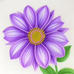 a close up view of a painted flower,an illustration of a blue flower with a green stem,the large purple flower has green leaves on it,the image has an outline of a purple flower,this is a painting of a large purple flower
