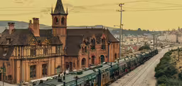 a long train traveling past a tall stone building,an electric train on the tracks in front of buildings