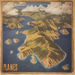 a poster of an island surrounded by land and water