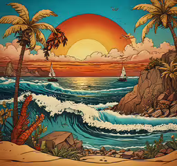 a painting of a sunset over the ocean with palm trees,a painting of a beach scene on the wall