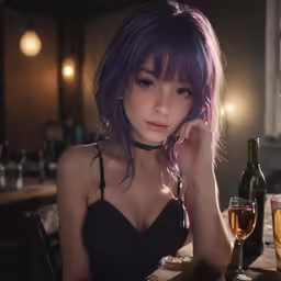 a girl with purple hair sitting at a table next to two wine glasses