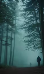 two people are walking away from the trees in a foggy forest
