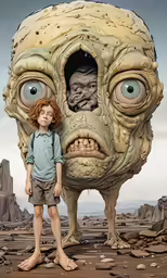 the young boy is standing in front of a fake head