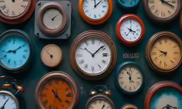 there are clocks that have different colors on the wall