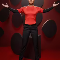 a woman in red stands on a red carpet