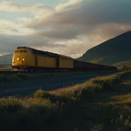 an electric train that is driving down a track