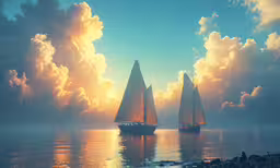 two sail boats float close together in the water