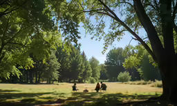 some people are sitting and walking in the grass