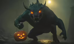 a creature that is holding a carved pumpkin