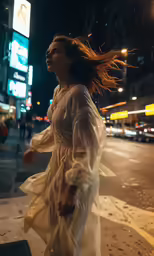 the woman is walking down the street at night