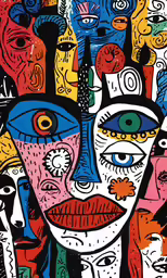 an artistic painting with multiple faces and shapes