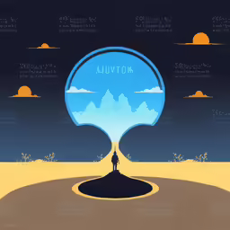 a person stands in front of a circular image with a sky background