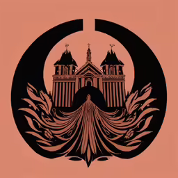 a black and pink picture of a building on top of a red background