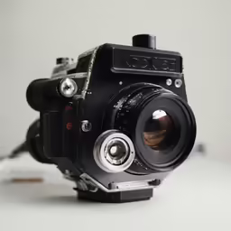 an old fashioned black camera with large lenses