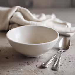a white bowl sitting next to a couple of spoons on a table