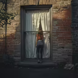 a person standing in a window with curtains