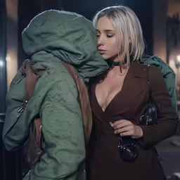 a woman in a brown suit kissing the head of a man