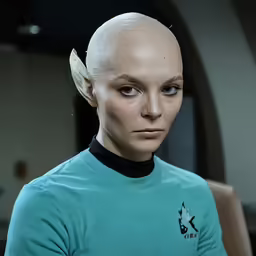 a female wearing a star trek outfit looks serious