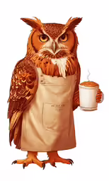 a large owl with a cup of coffee sitting on its hind legs