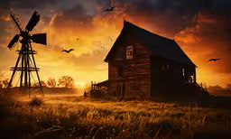 an old, rustic windmill in the grass at sunset,an old windmill and old wooden house with birds flying around