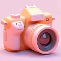 an orange and pink camera on a light pink background