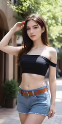 a sexy young woman wearing a black top and denim shorts