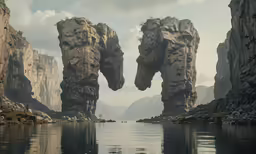 a giant elephant on a body of water near mountains