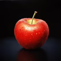 an apple sitting on a black counter with water droplets