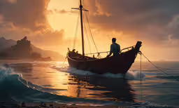 a man riding on the back of a boat in water,a man is rowing his boat on the water