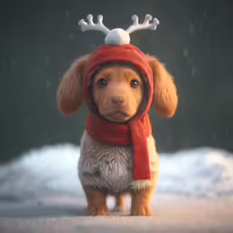 a brown dog wearing a scarf and a reindeer hat
